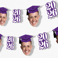 Purple graduation fun face garland banner with photo cutouts