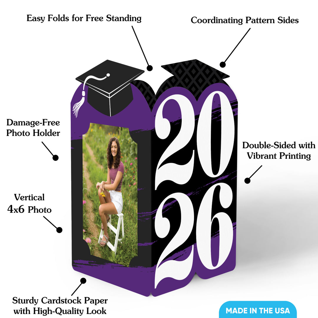 Graduation-themed photo frame with features highlighted on a white background