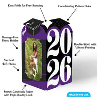 Graduation-themed photo frame with features highlighted on a white background