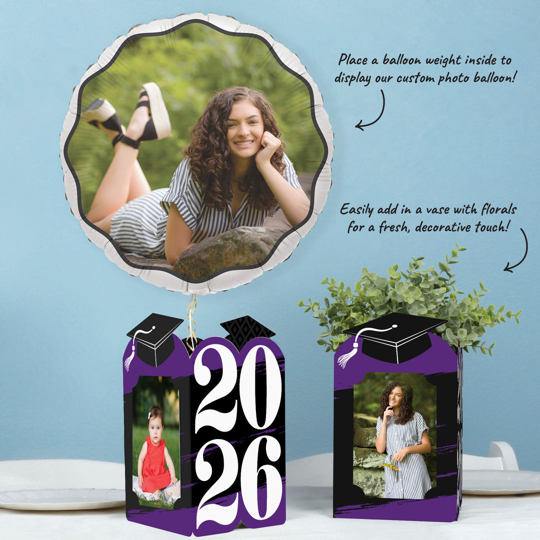 Purple graduation table decor with photo centerpieces