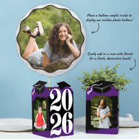 Purple graduation table decor with photo centerpieces