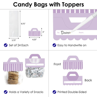 Purple Stripes - DIY Simple Party Clear Goodie Favor Bag Labels - Candy Bags with Toppers - Set of 24