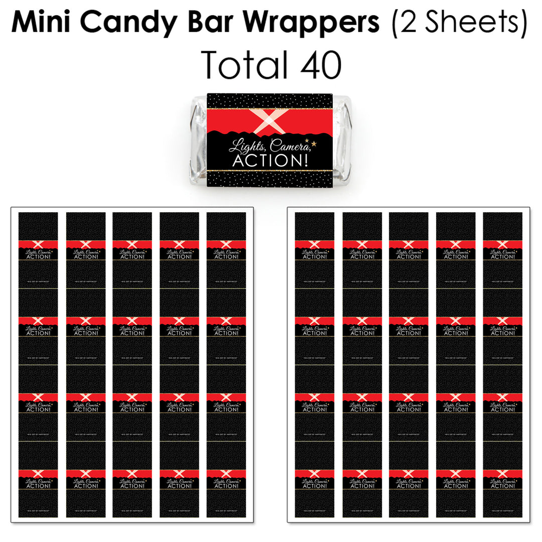 Red Carpet - Mini Candy Bar Wrappers, Round Candy Stickers and Circle Stickers - Movie Night Party Candy Favor Sticker Kit - 304 Pieces