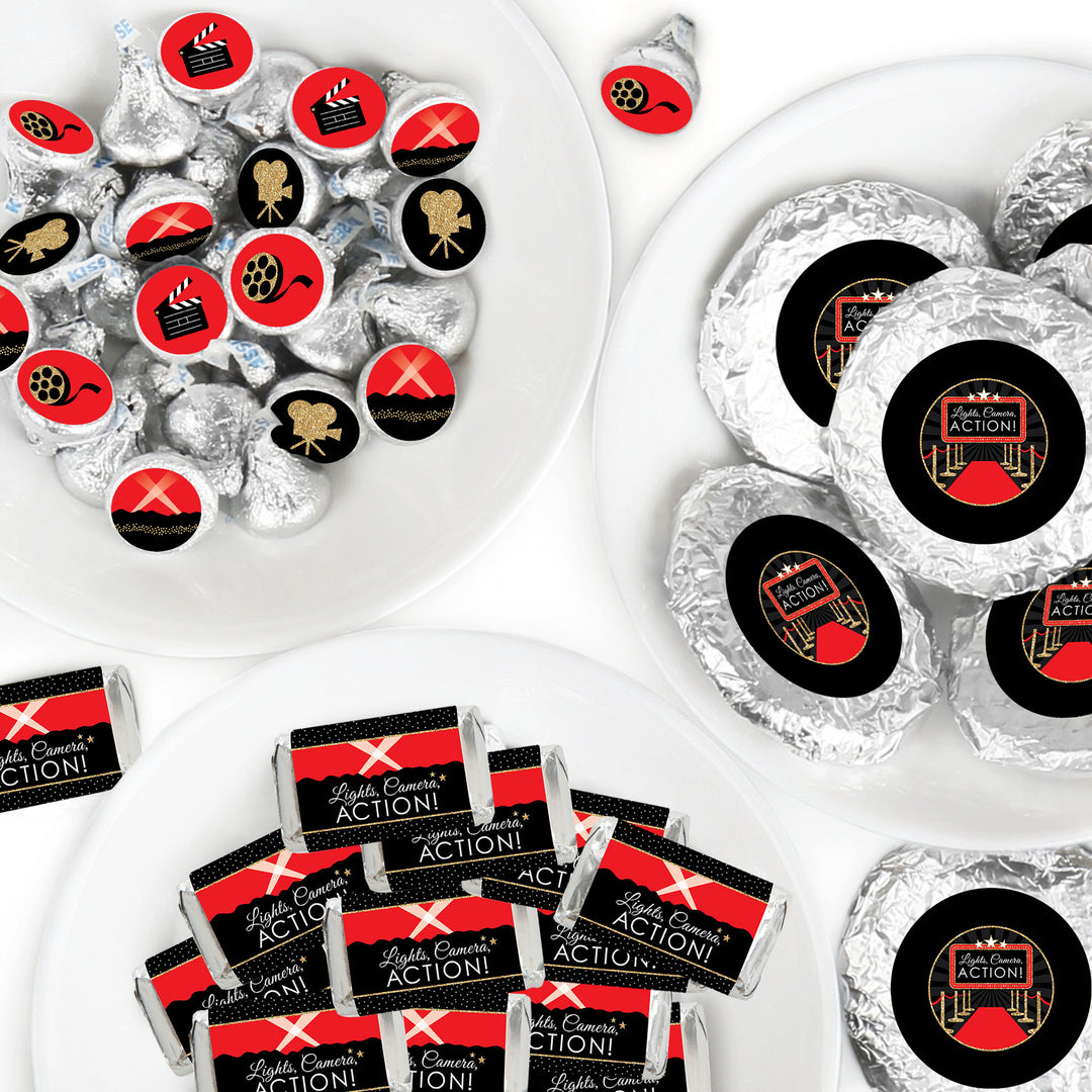 Red Carpet - Mini Candy Bar Wrappers, Round Candy Stickers and Circle Stickers - Movie Night Party Candy Favor Sticker Kit - 304 Pieces