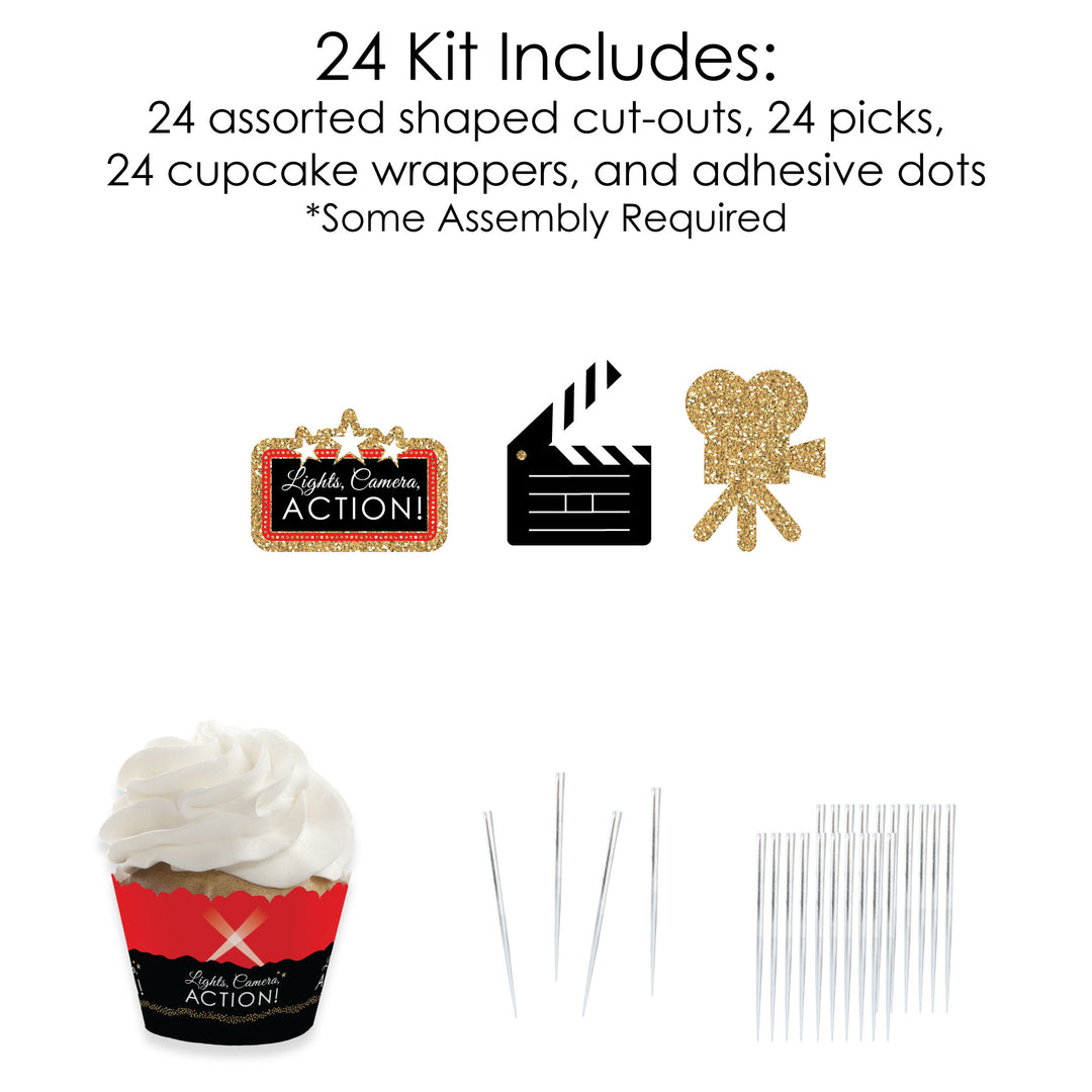 Red Carpet - Cupcake Decoration - Movie Night Party Cupcake Wrappers and Treat Picks Kit - Set of 24
