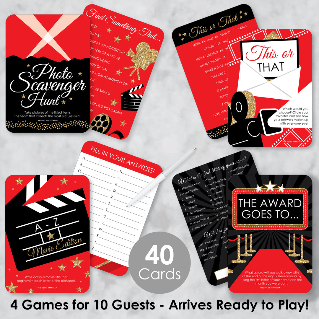 Red Carpet - 4 Movie Night Party Games - 10 Cards Each - Gamerific Bundle