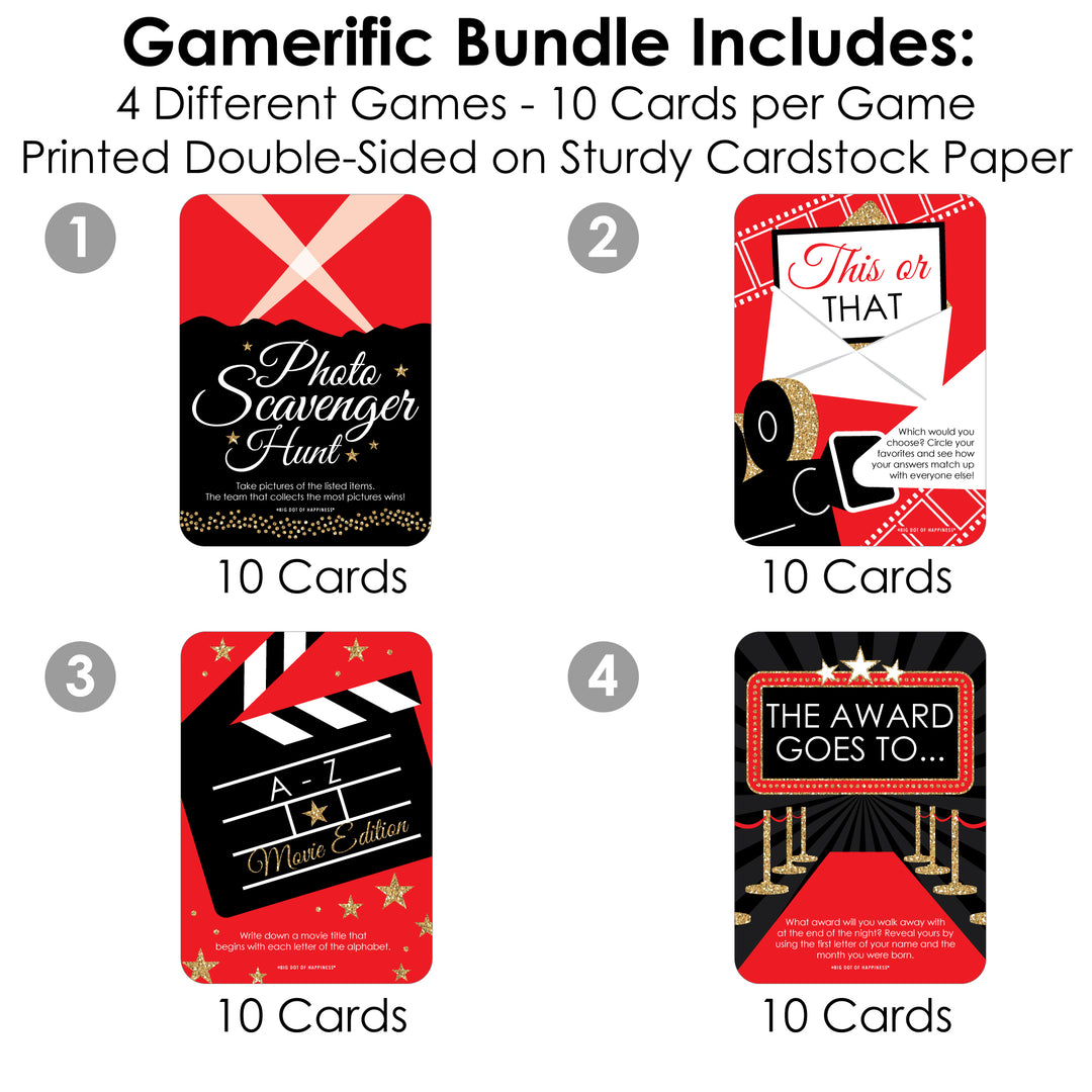 Red Carpet - 4 Movie Night Party Games - 10 Cards Each - Gamerific Bundle