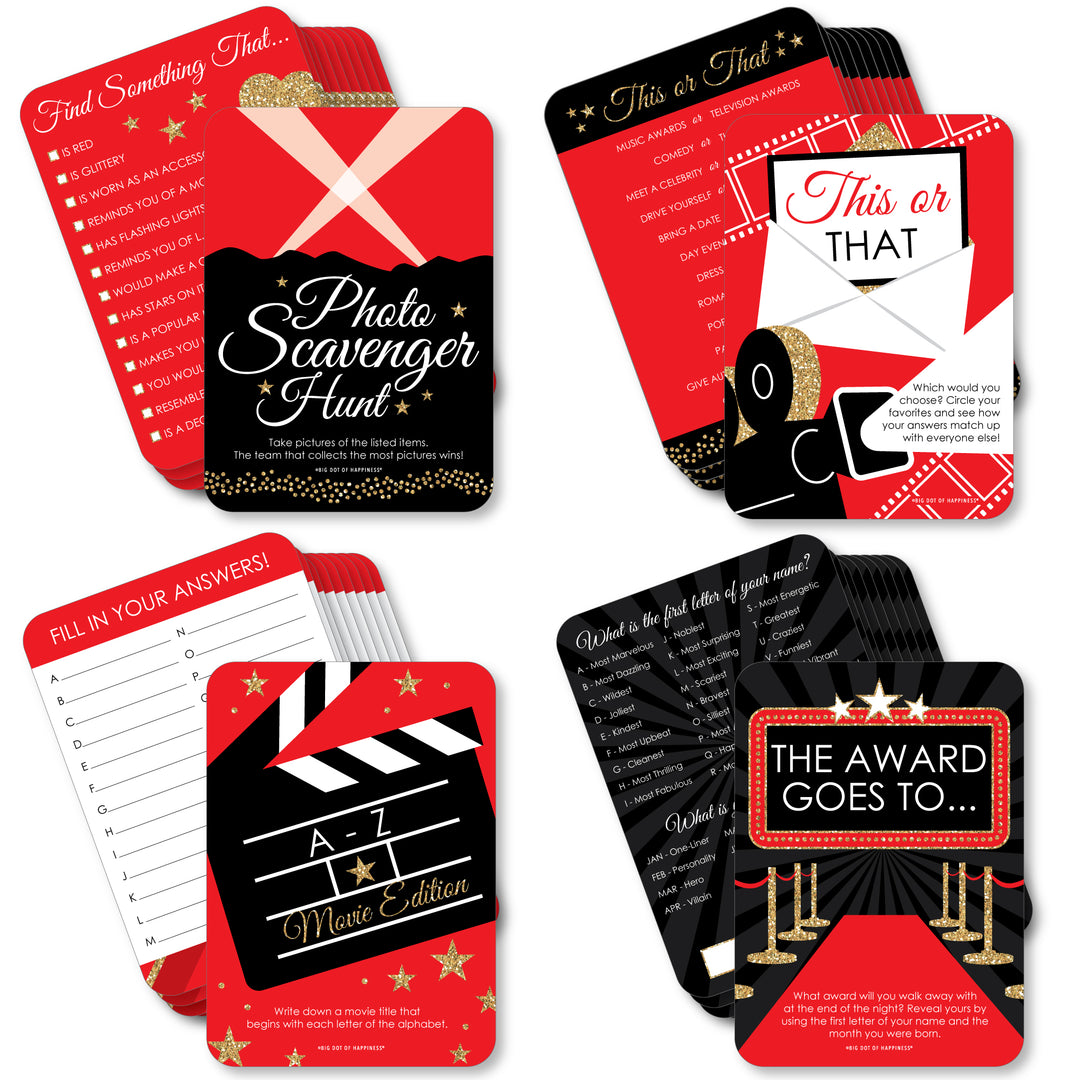 Red Carpet - 4 Movie Night Party Games - 10 Cards Each - Gamerific Bundle