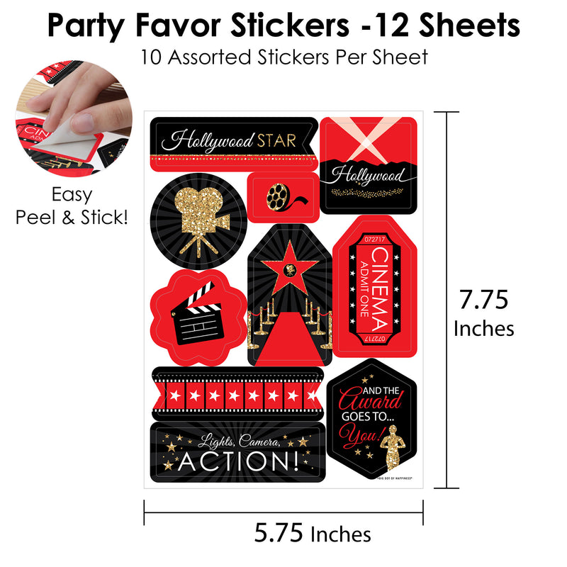 Red Carpet Hollywood - Movie Night Party Favor Sticker Set - 12 Sheets - 120 Stickers