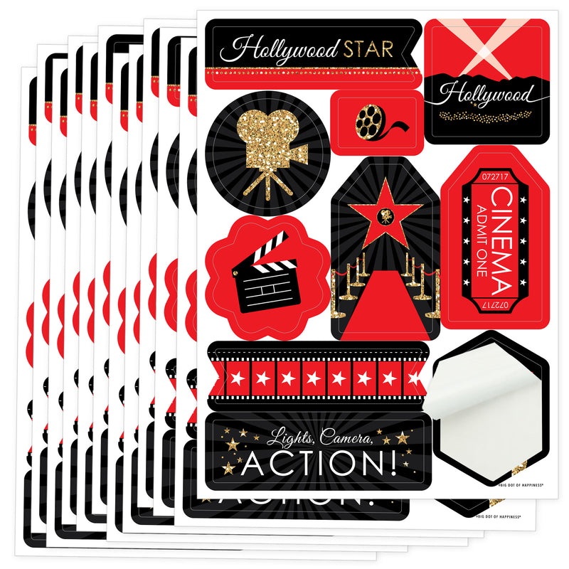 Red Carpet Hollywood - Movie Night Party Favor Sticker Set - 12 Sheets - 120 Stickers