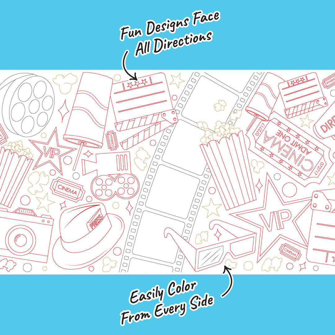 Movie night doodles coloring table runner popcorn and film reels