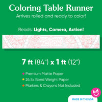 7 foot movie night Coloring table runner with text 'Lights, Camera, Action!' on a green background