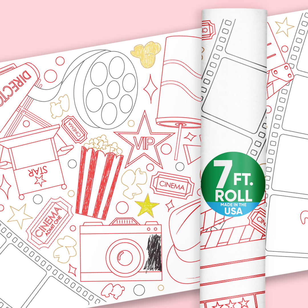 Roll of coloring paper with movie-themed illustrations on a pink background