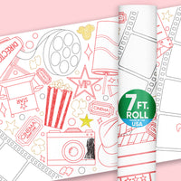 Roll of coloring paper with movie-themed illustrations on a pink background