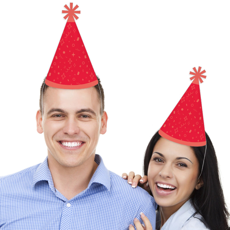 Red Confetti Stars - Cone Happy Birthday Party Hats for Kids and Adults - Set of 8 (Standard Size)