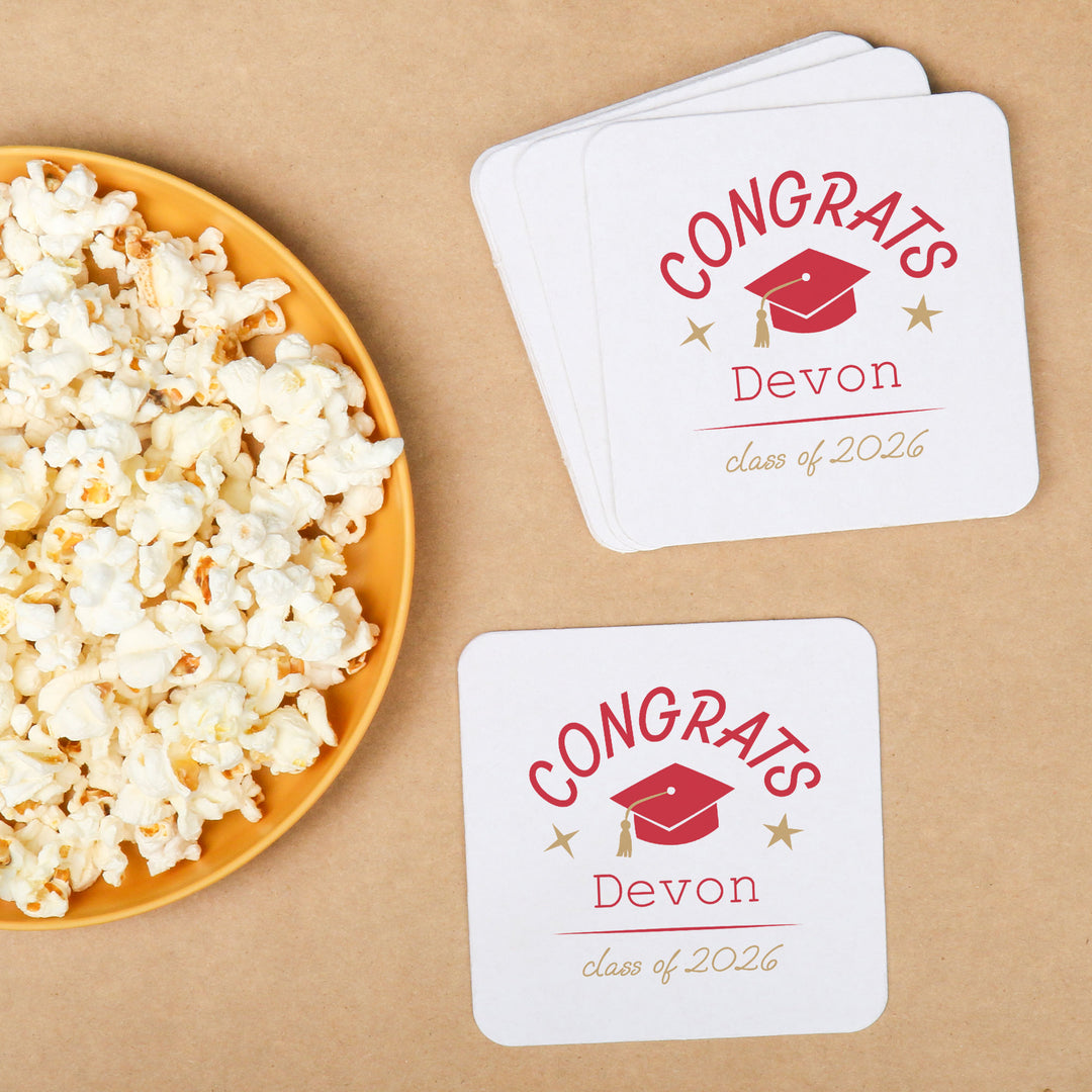 100-count Red personalized coasters stacked