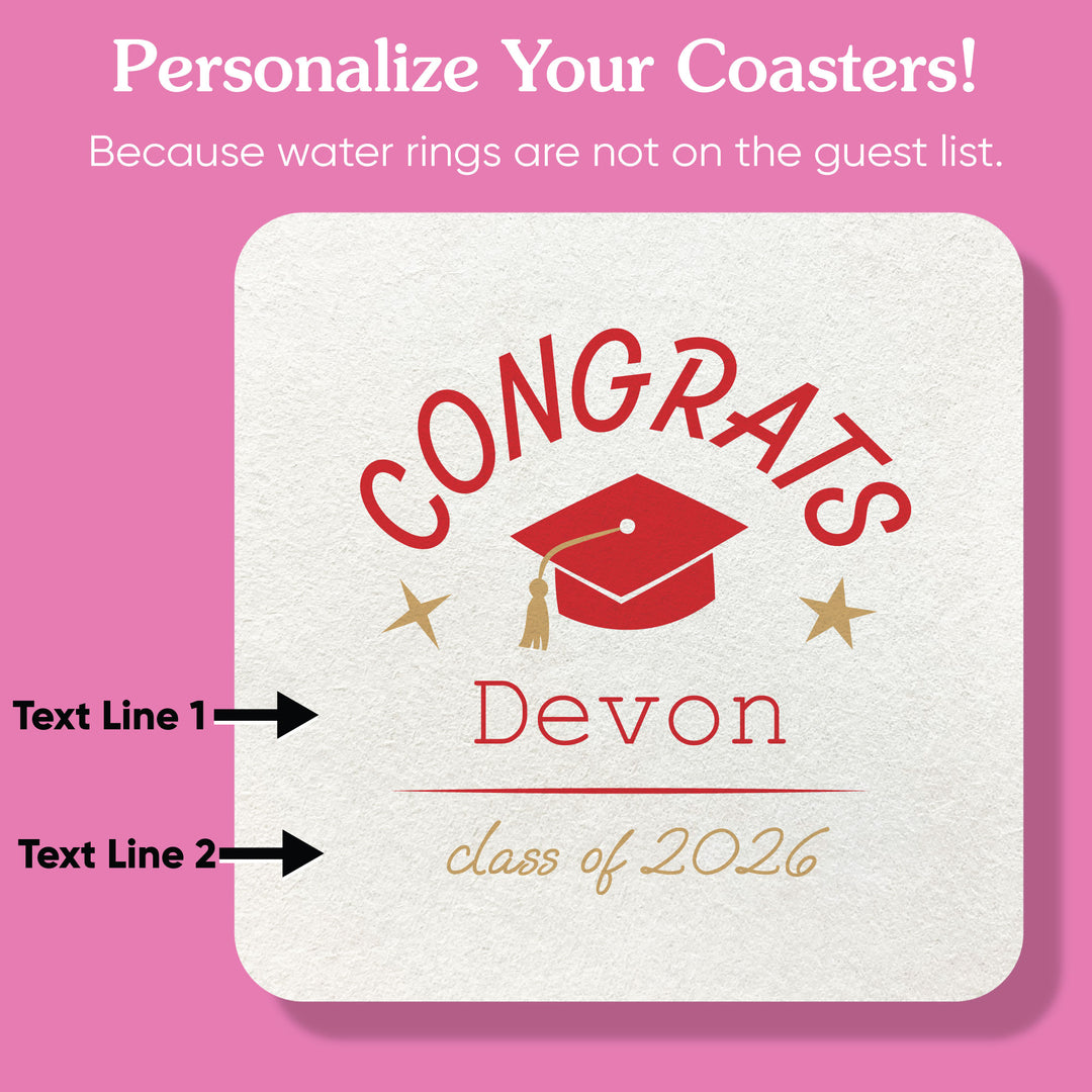 Graduation-themed coaster with customizable text on a pink background