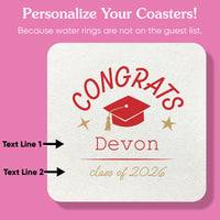Graduation-themed coaster with customizable text on a pink background
