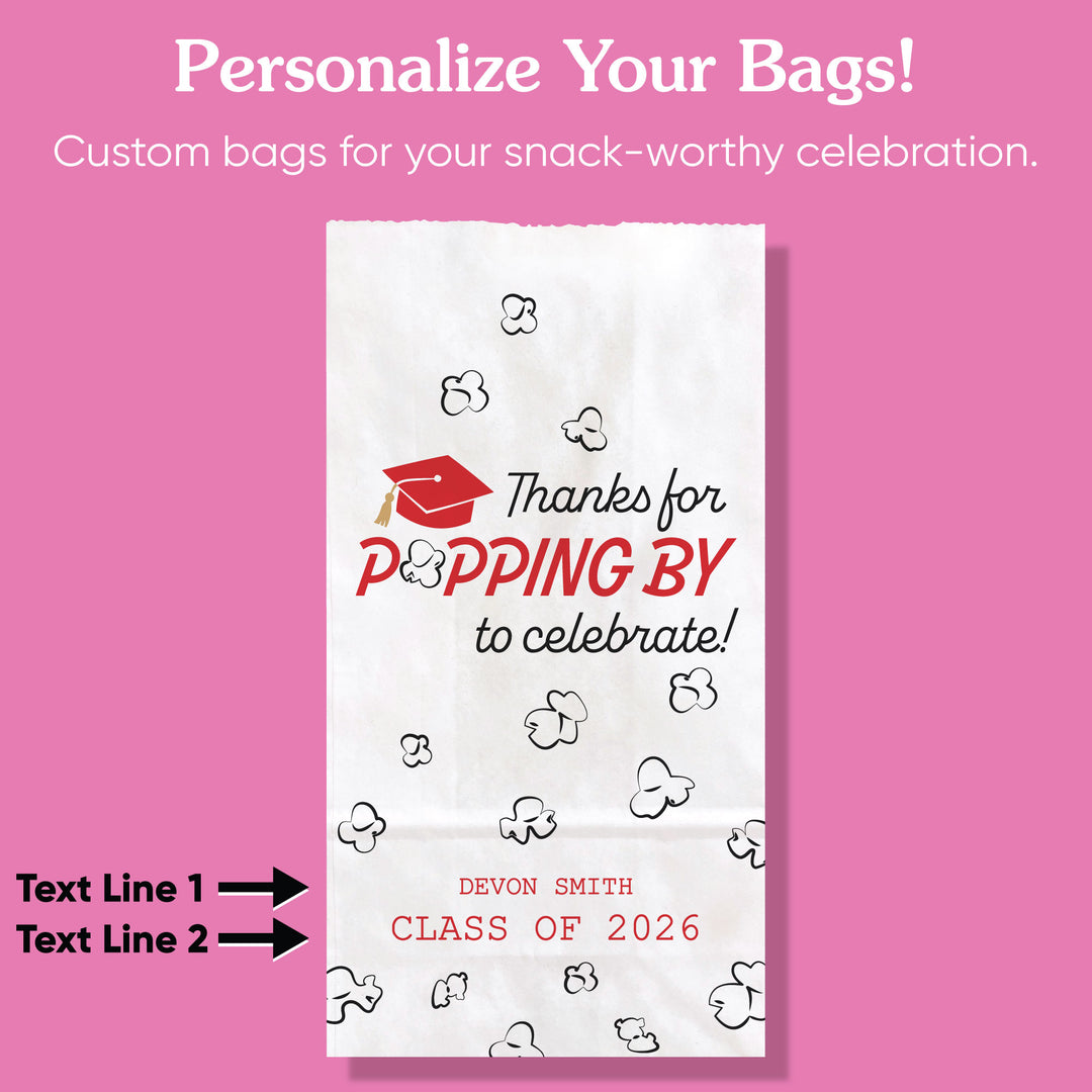Red personalized graduation popcorn bags