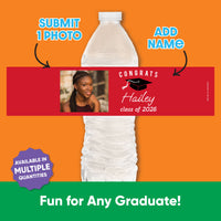 Custom Photo Red Graduation Water Bottle Labels