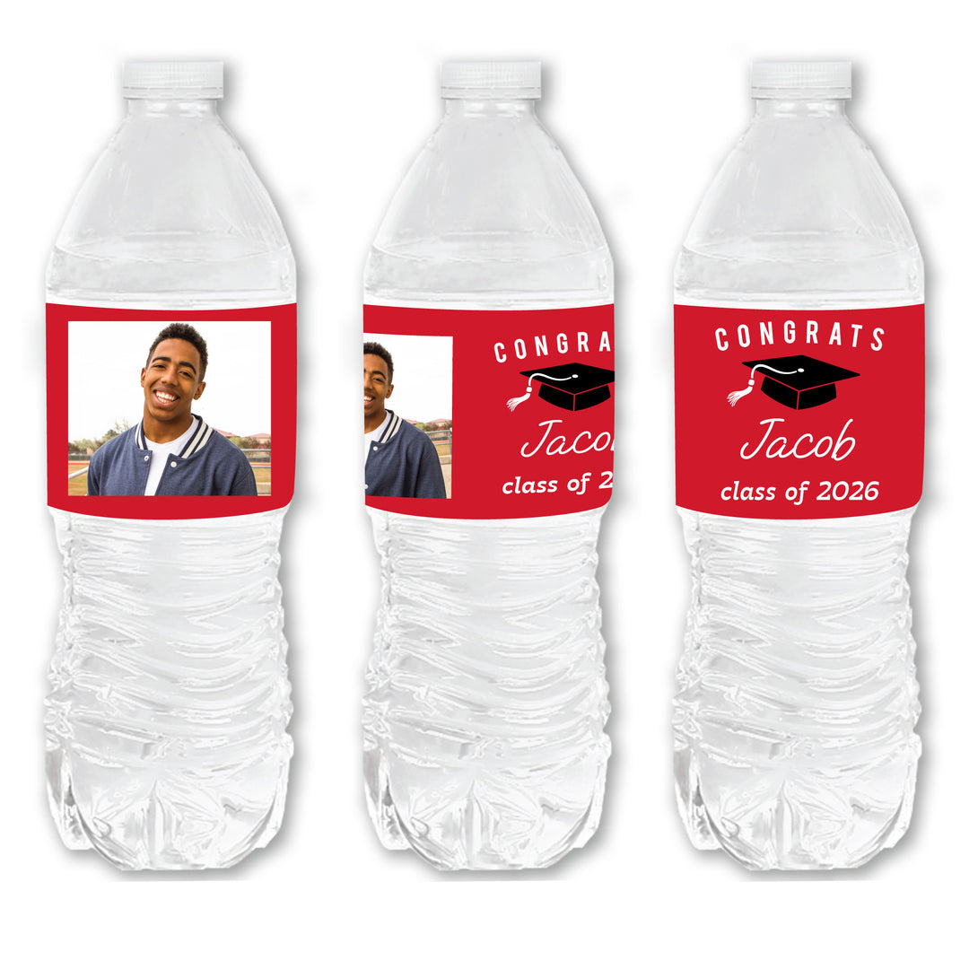 Custom Photo Red Graduation Water Bottle Labels