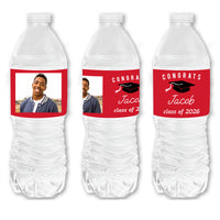 Custom Photo Red Graduation Water Bottle Labels