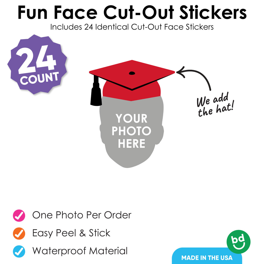 Custom Red Grad Cap Fun Face Cut-Out Stickers - Set of 24