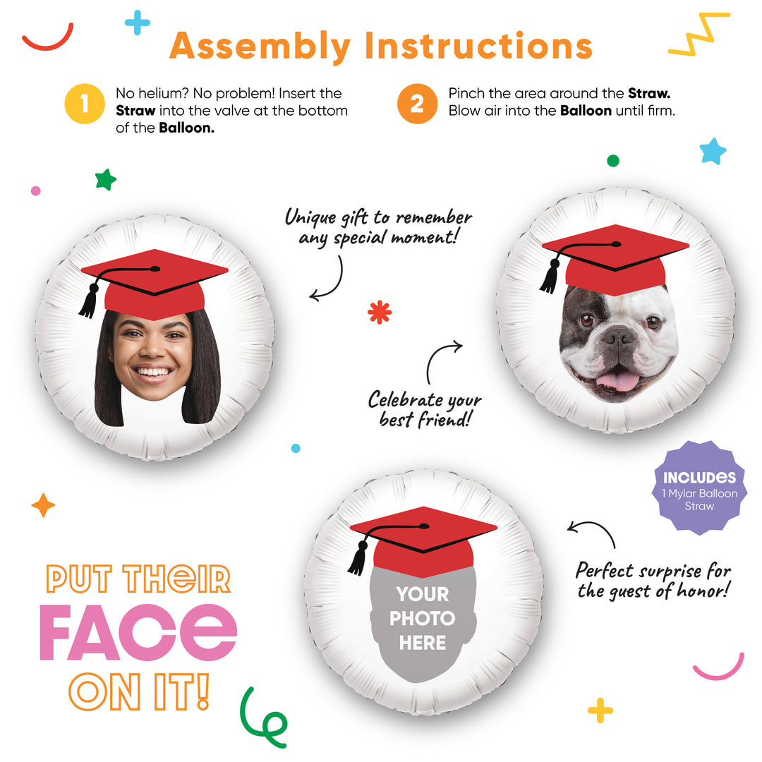 Personalized Fun Face Red Grad Cap Balloon - Double Sided - 1 Ct