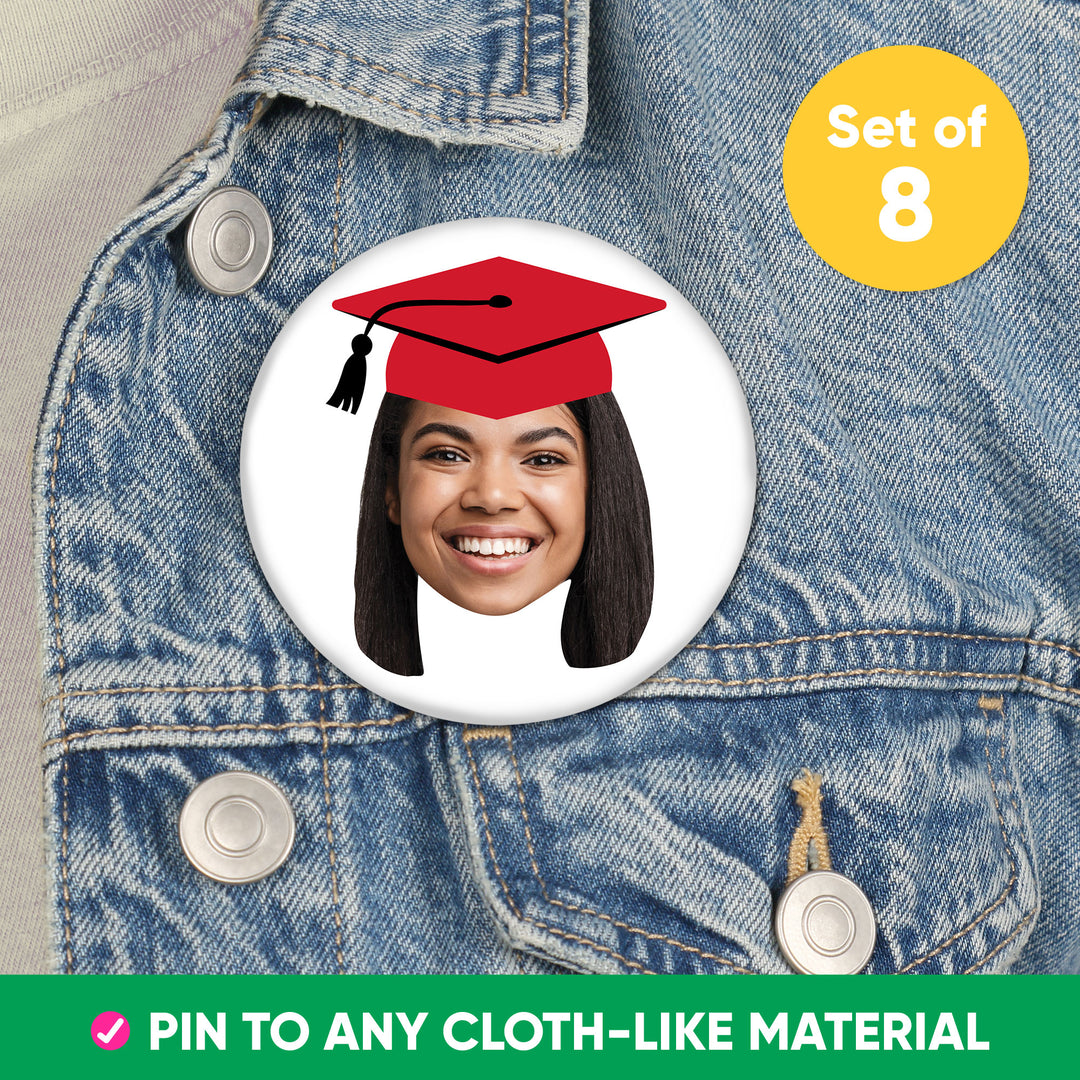 Custom Fun Face Red Grad Cap Pinback Buttons - 8 Ct