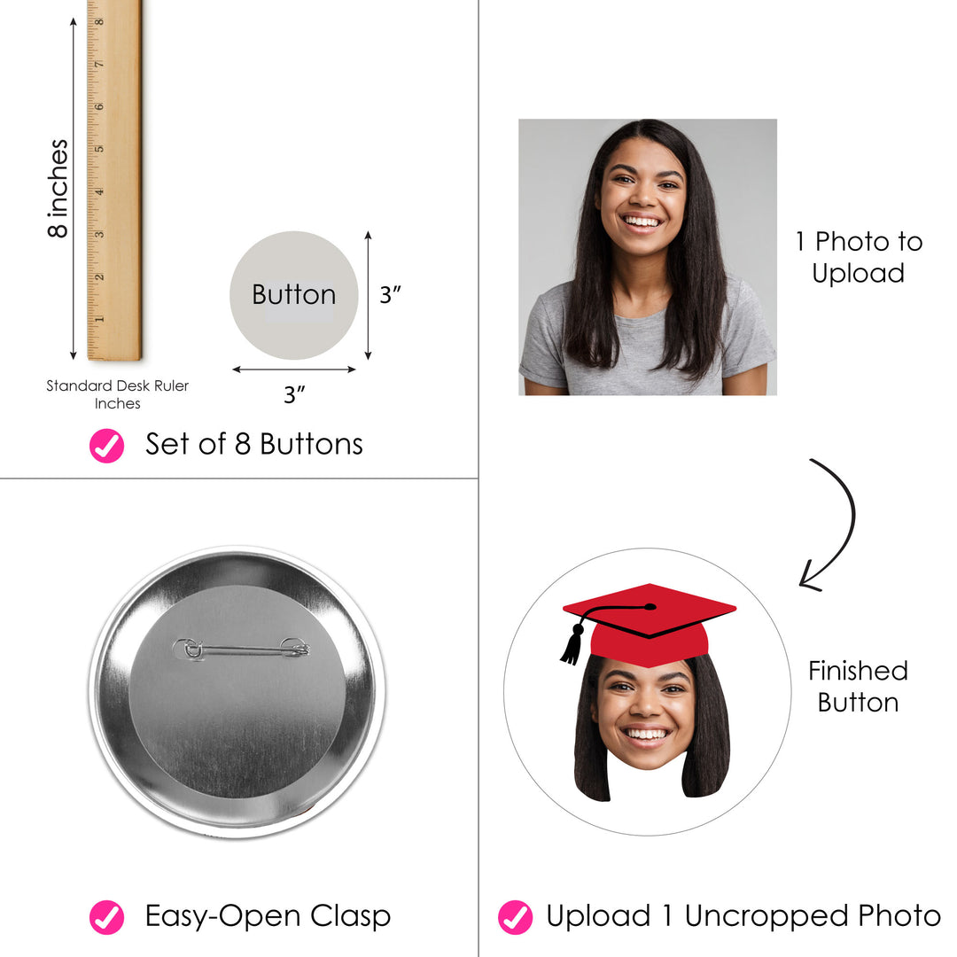Custom Fun Face Red Grad Cap Pinback Buttons - 8 Ct