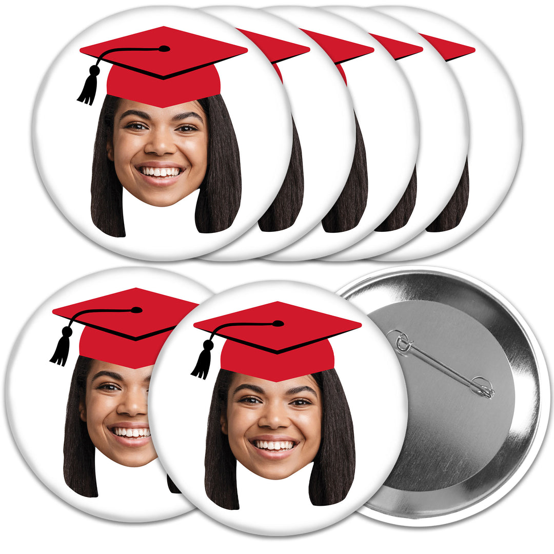 Custom Fun Face Red Grad Cap Pinback Buttons - 8 Ct