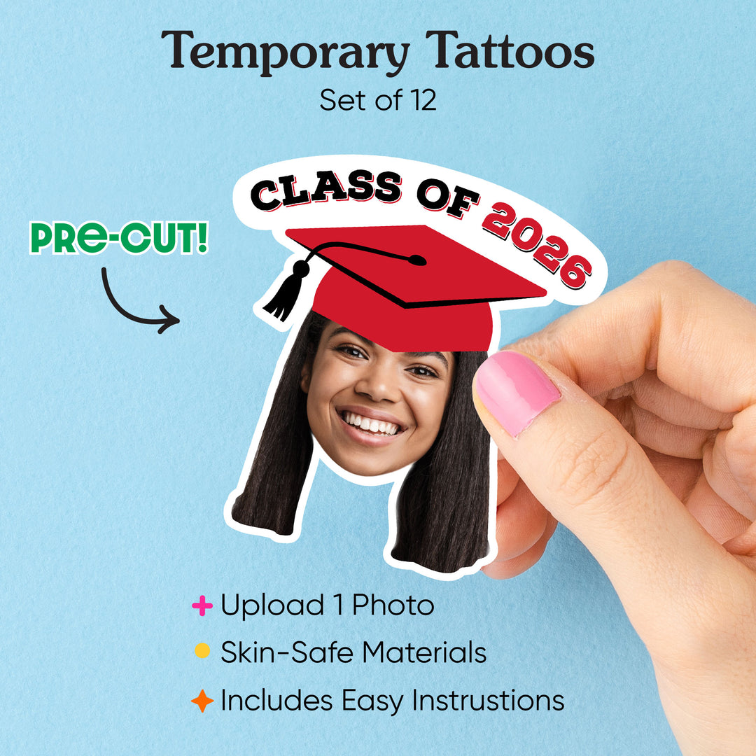 Custom Red Grad Cap Temporary Tattoos - 12 Ct