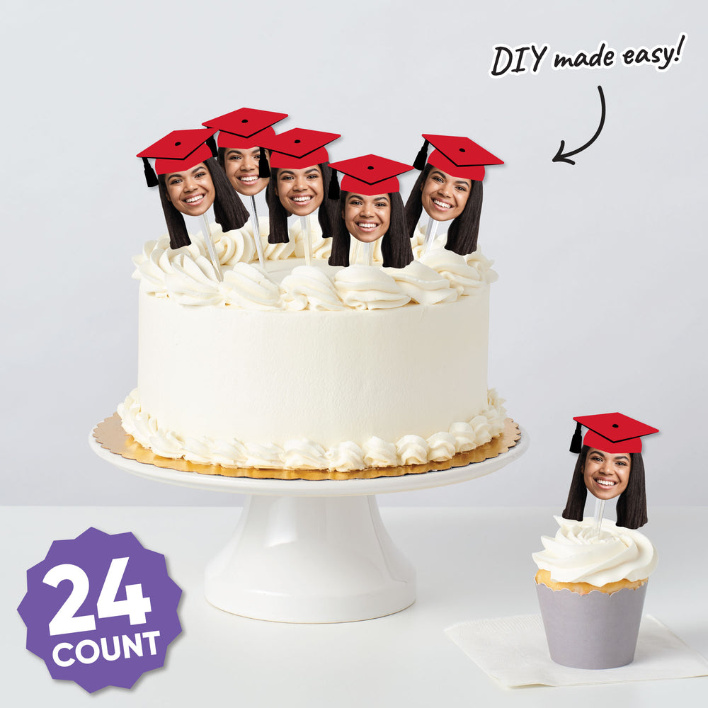 Custom Fun Face Red Grad Cap Treat Picks - 24 Ct