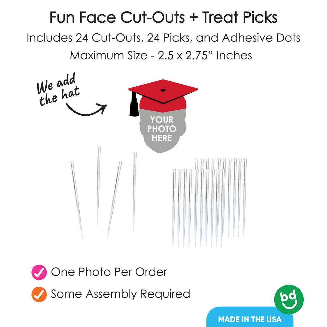 Custom Fun Face Red Grad Cap Treat Picks - 24 Ct