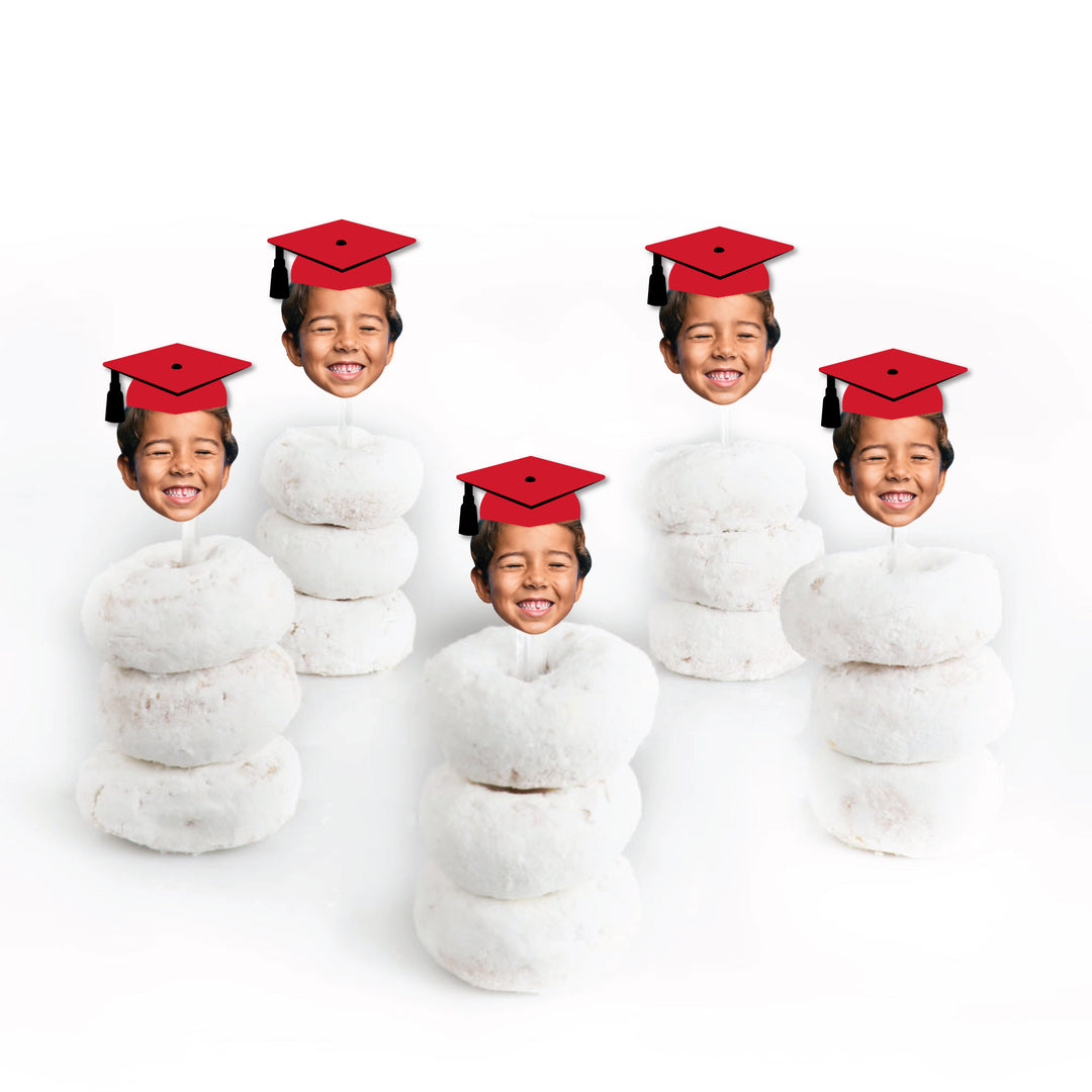 Custom Fun Face Red Grad Cap Treat Picks - 24 Ct