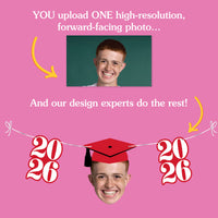 Promotional graphic for a photo customization service with a person's photo and graduation-themed design elements on a pink background.