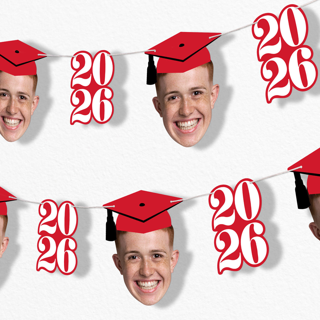 Red graduation fun face garland banner with custom photo faces