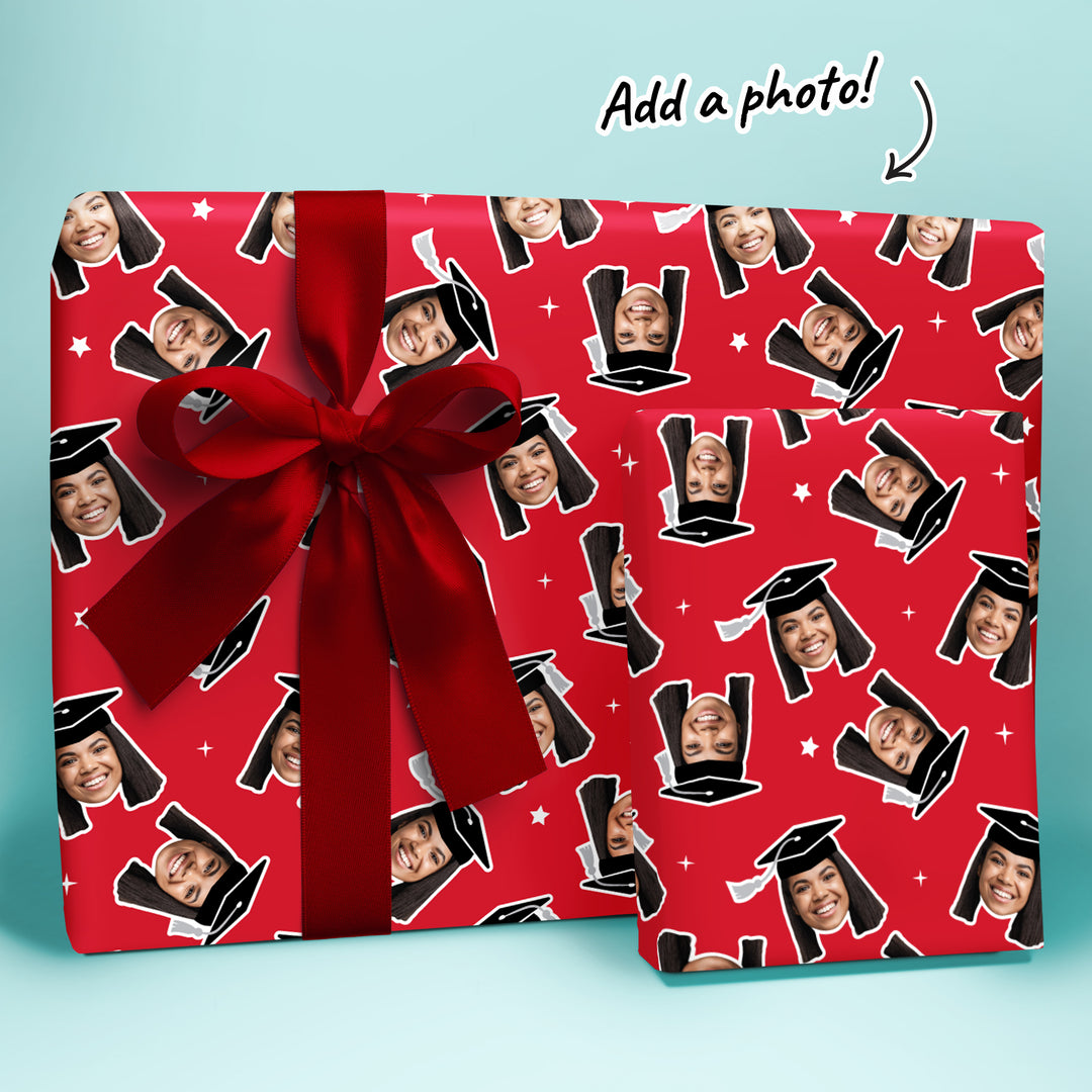 Personalized Photo Red Graduation Wrapping Paper, Graduate Cap with Tassel