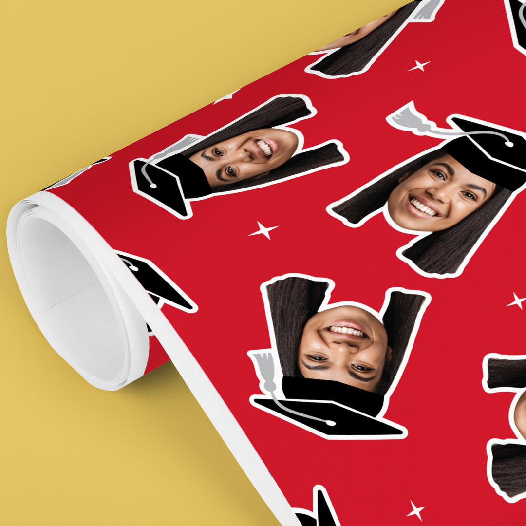 Personalized Photo Red Graduation Wrapping Paper, Graduate Cap with Tassel