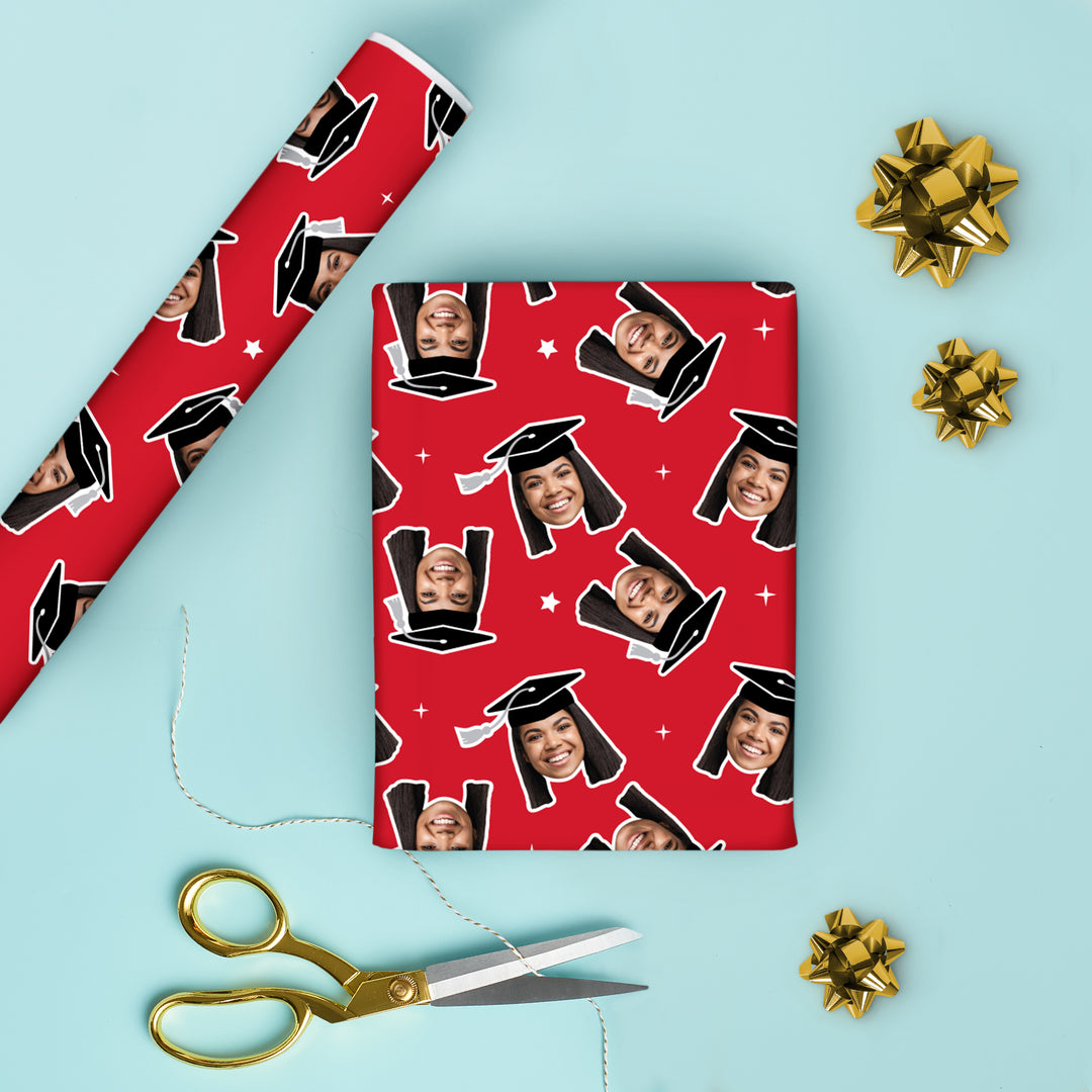 Personalized Photo Red Graduation Wrapping Paper, Graduate Cap with Tassel
