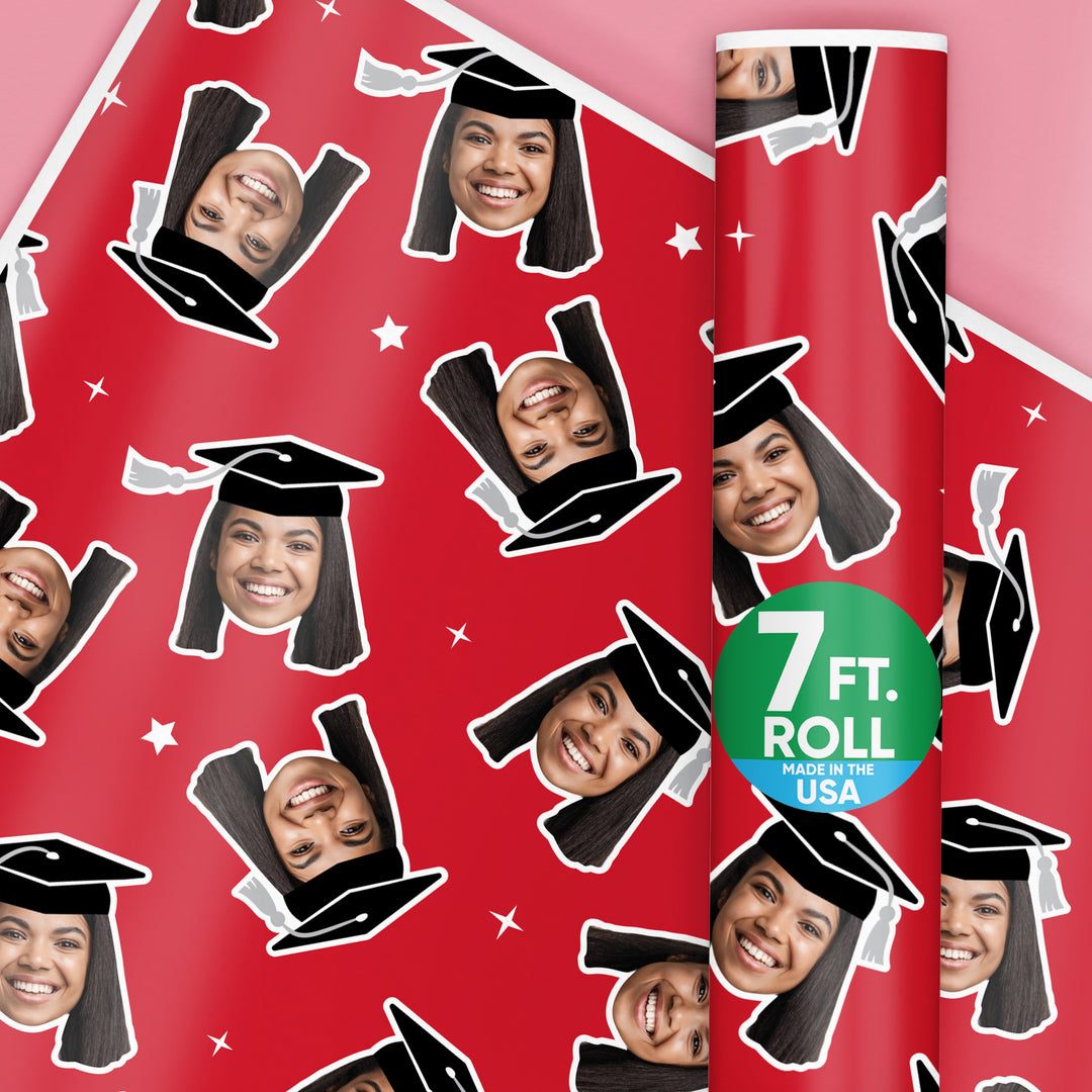 Personalized Photo Red Graduation Wrapping Paper, Graduate Cap with Tassel