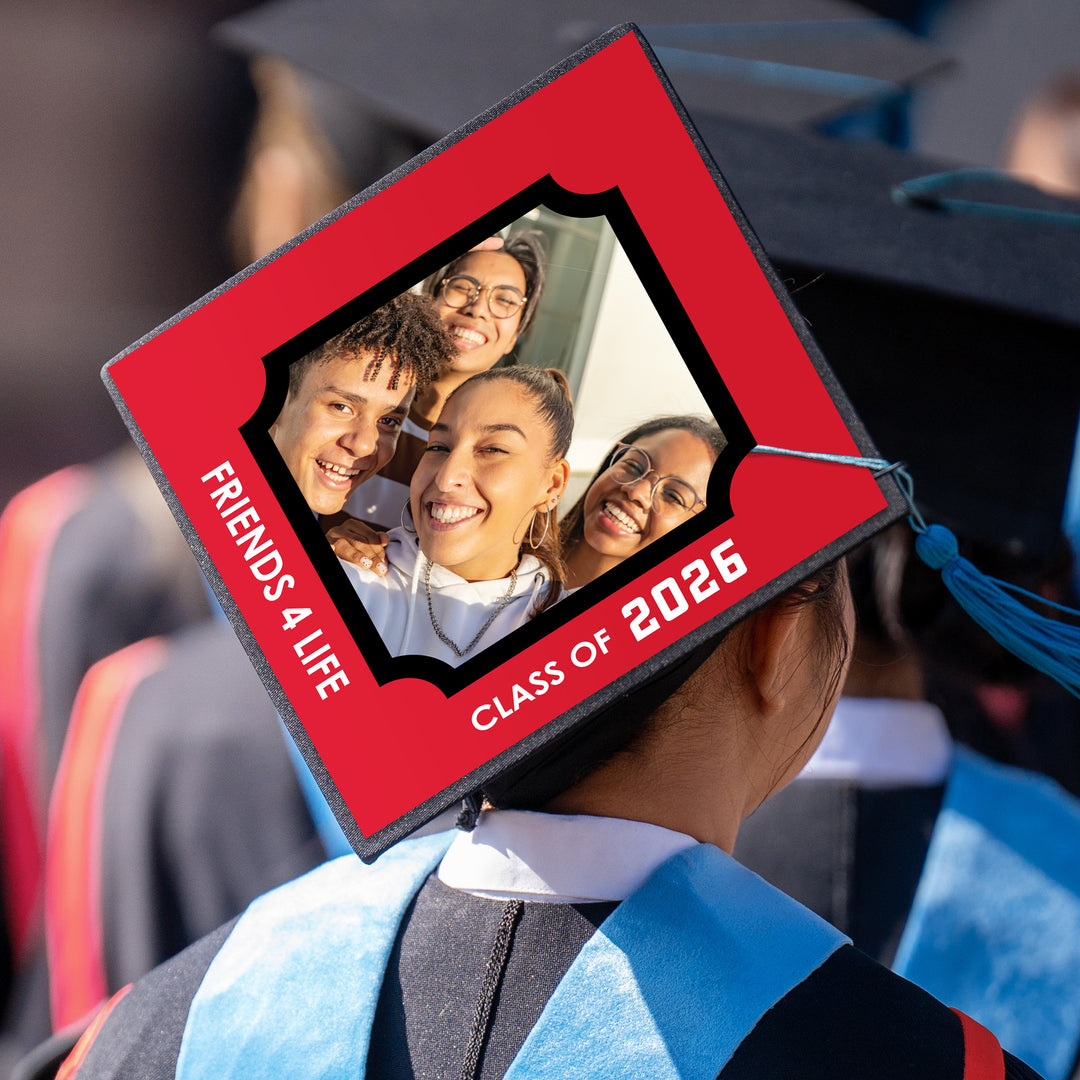 Graduation ceremony cap with red custom photo topper