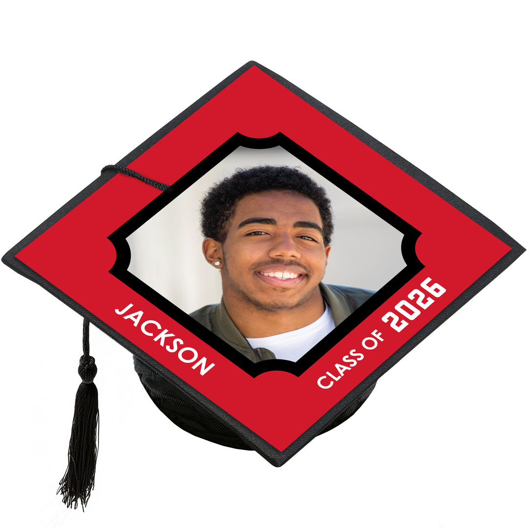 Red personalized graduation cap cover Class of 2026
