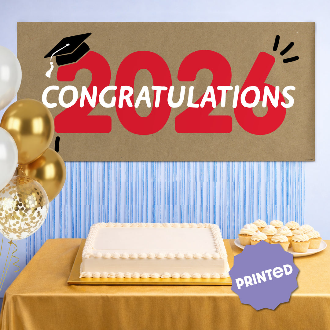 Red Class of 2026 banner as party photo backdrop