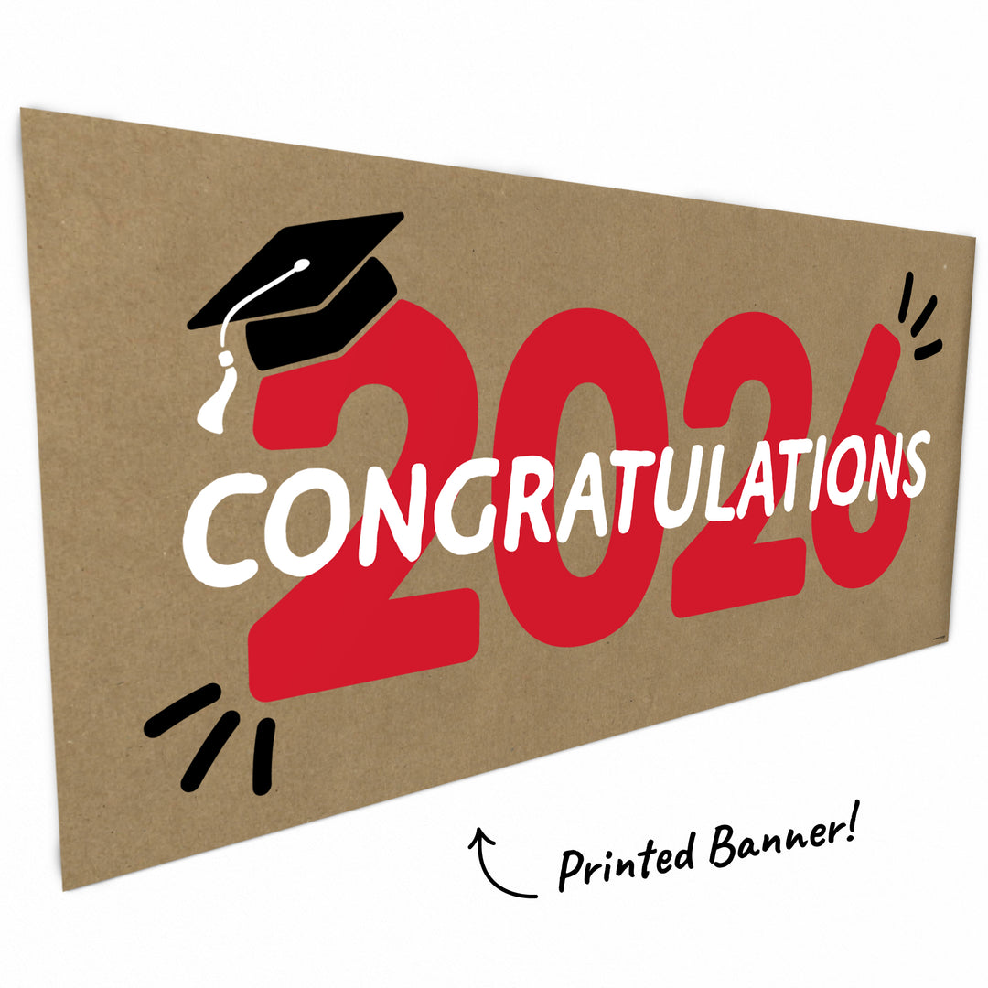 Red 2026 graduation banner hand-painted style close-up