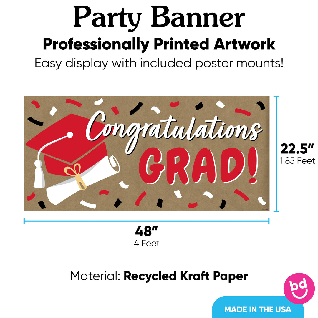 Red graduation banner printed on recycled brown kraft paper