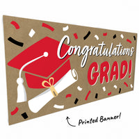 Hand-painted style red graduation banner design close-up