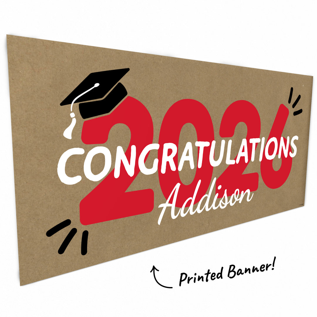 Red 2026 graduation banner hand-painted style close-up
