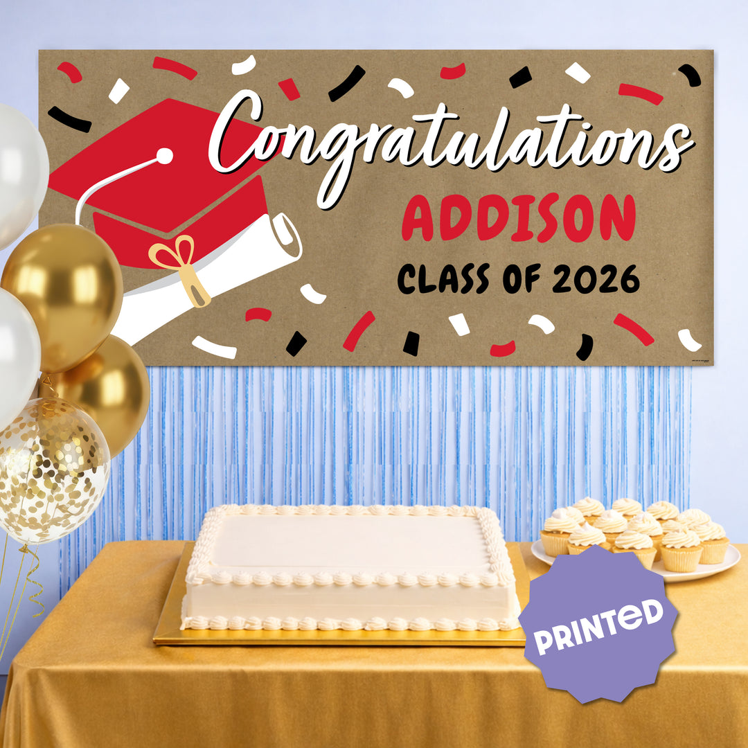 Red graduation banner hanging at graduation party