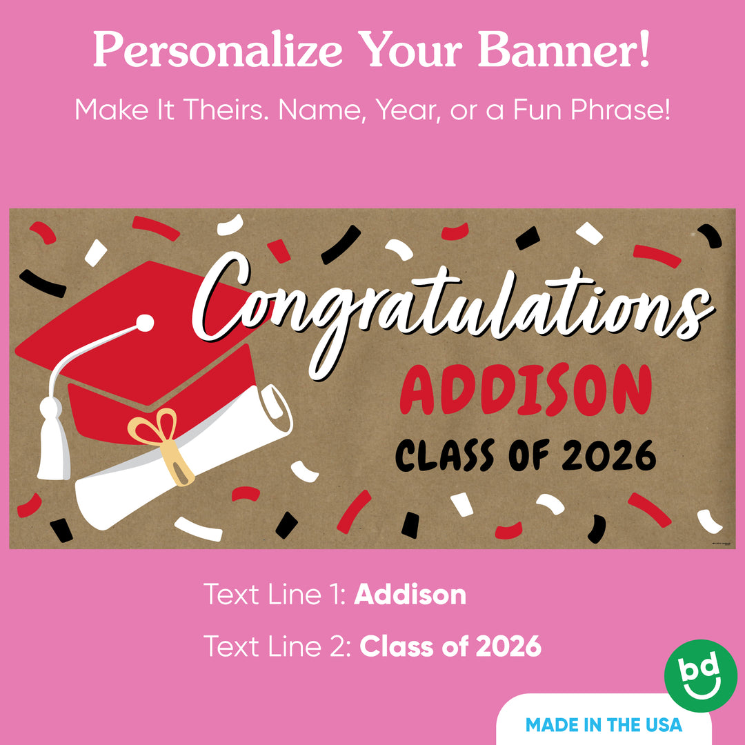 Custom name red graduation banner on kraft paper